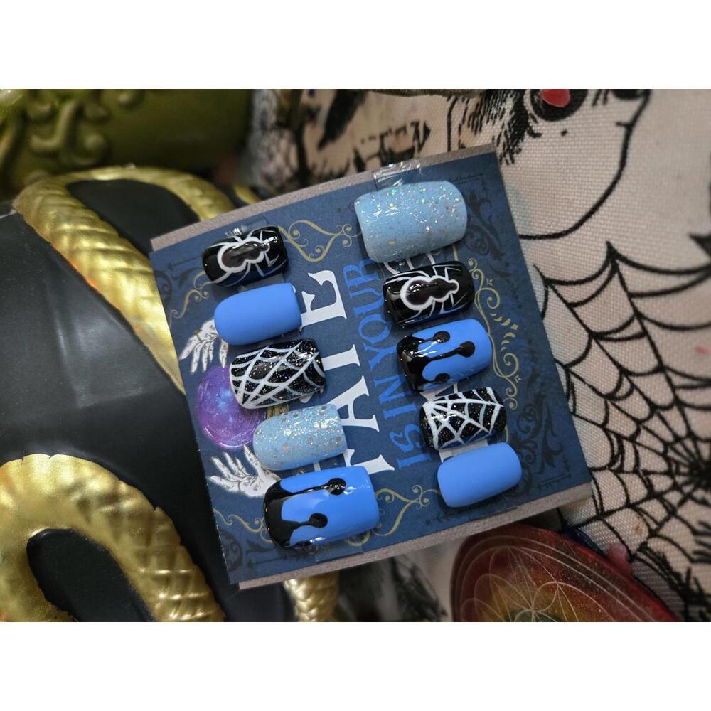 Spooky blue halloween press on nails custom made